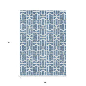 8' X 10' Denim Blue And Ivory Geometric Washable Indoor Outdoor Area Rug