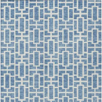 8' X 10' Denim Blue And Ivory Geometric Washable Indoor Outdoor Area Rug