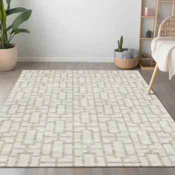 3' X 5' Ivory And Beige Geometric Washable Indoor Outdoor Area Rug