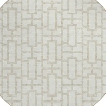 8' Ivory And Beige Round Geometric Washable Indoor Outdoor Area Rug