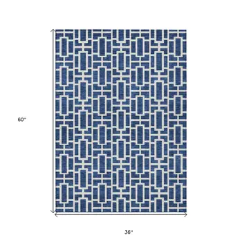 3' X 5' Navy Blue And Ivory Geometric Washable Indoor Outdoor Area Rug