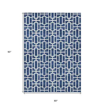 5' X 8' Navy Blue And Ivory Geometric Washable Indoor Outdoor Area Rug