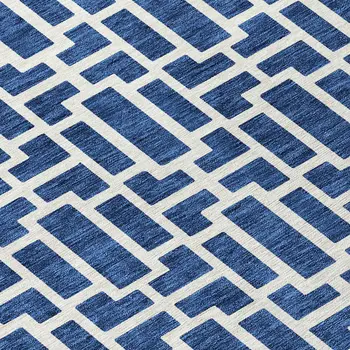 8' Navy Blue And Ivory Round Geometric Washable Indoor Outdoor Area Rug