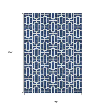 8' X 10' Navy Blue And Ivory Geometric Washable Indoor Outdoor Area Rug