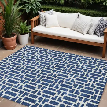 8' X 10' Navy Blue And Ivory Geometric Washable Indoor Outdoor Area Rug
