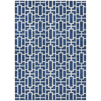 8' X 10' Navy Blue And Ivory Geometric Washable Indoor Outdoor Area Rug