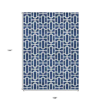 9' X 12' Navy Blue And Ivory Geometric Washable Indoor Outdoor Area Rug