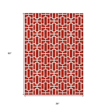 3' X 5' Red And Ivory Geometric Washable Indoor Outdoor Area Rug