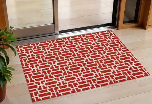 3' X 5' Red And Ivory Geometric Washable Indoor Outdoor Area Rug