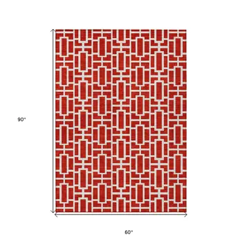 5' X 8' Red And Ivory Geometric Washable Indoor Outdoor Area Rug