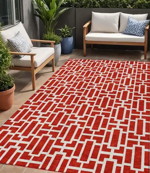 5' X 8' Red And Ivory Geometric Washable Indoor Outdoor Area Rug