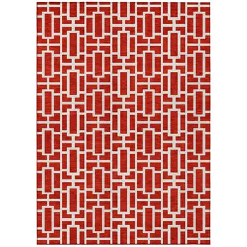 5' X 8' Red And Ivory Geometric Washable Indoor Outdoor Area Rug