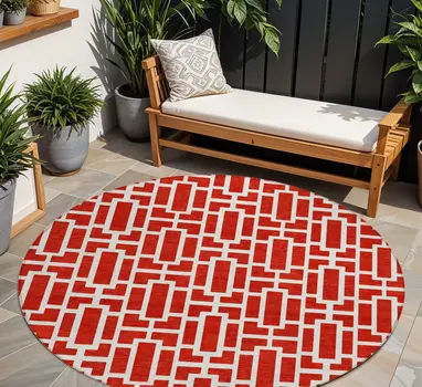 8' Red And Ivory Round Geometric Washable Indoor Outdoor Area Rug