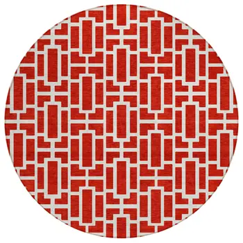 8' Red And Ivory Round Geometric Washable Indoor Outdoor Area Rug