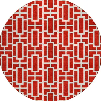 8' Red And Ivory Round Geometric Washable Indoor Outdoor Area Rug
