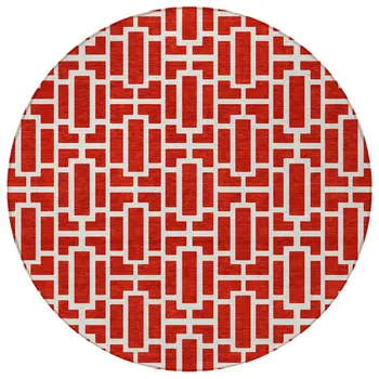 8' Red And Ivory Round Geometric Washable Indoor Outdoor Area Rug
