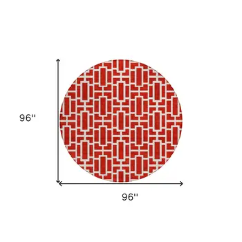 8' Red And Ivory Round Geometric Washable Indoor Outdoor Area Rug