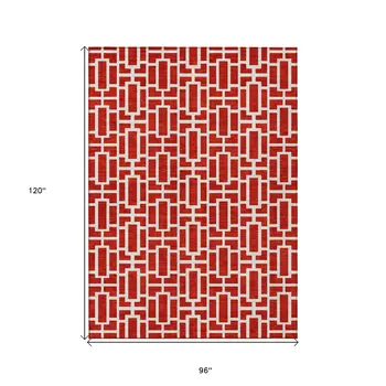 8' X 10' Red And Ivory Geometric Washable Indoor Outdoor Area Rug