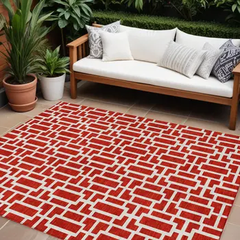 8' X 10' Red And Ivory Geometric Washable Indoor Outdoor Area Rug