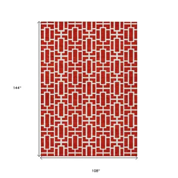 9' X 12' Red And Ivory Geometric Washable Indoor Outdoor Area Rug