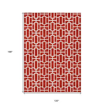 10' X 14' Red And Ivory Geometric Washable Indoor Outdoor Area Rug