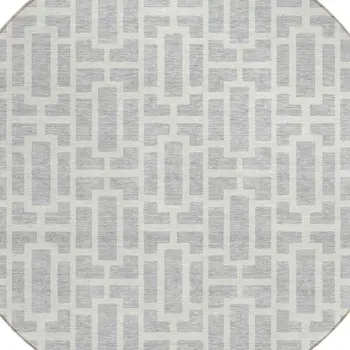 8' Silver And Gray Round Geometric Washable Indoor Outdoor Area Rug