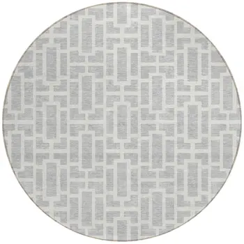 8' Silver And Gray Round Geometric Washable Indoor Outdoor Area Rug