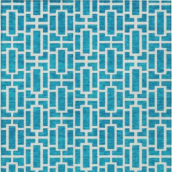 3' X 5' Turquoise And Ivory Geometric Washable Indoor Outdoor Area Rug