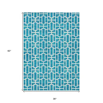 3' X 5' Turquoise And Ivory Geometric Washable Indoor Outdoor Area Rug