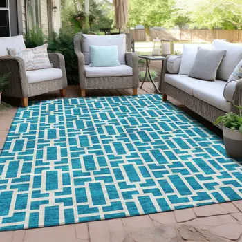 3' X 5' Turquoise And Ivory Geometric Washable Indoor Outdoor Area Rug