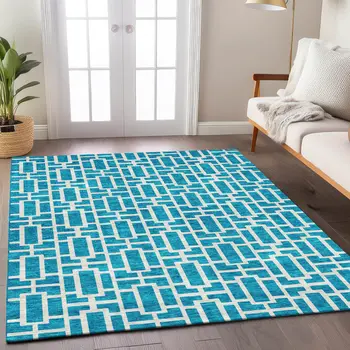 3' X 5' Turquoise And Ivory Geometric Washable Indoor Outdoor Area Rug