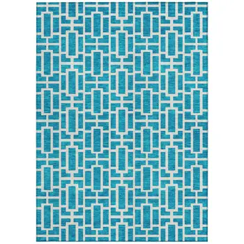 5' X 8' Turquoise And Ivory Geometric Washable Indoor Outdoor Area Rug