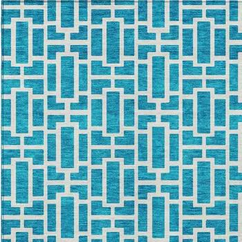 5' X 8' Turquoise And Ivory Geometric Washable Indoor Outdoor Area Rug