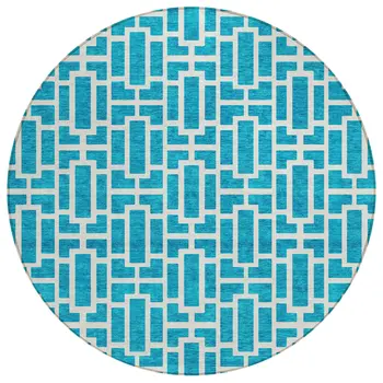 8' Turquoise And Ivory Round Geometric Washable Indoor Outdoor Area Rug