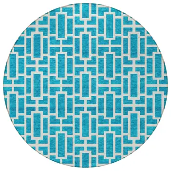 8' Turquoise And Ivory Round Geometric Washable Indoor Outdoor Area Rug