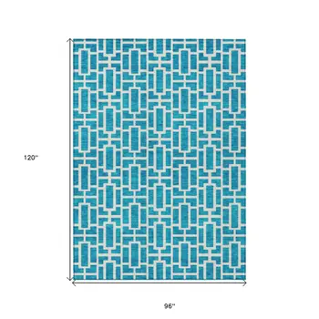 8' X 10' Turquoise And Ivory Geometric Washable Indoor Outdoor Area Rug