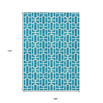 9' X 12' Turquoise And Ivory Geometric Washable Indoor Outdoor Area Rug