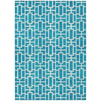 9' X 12' Turquoise And Ivory Geometric Washable Indoor Outdoor Area Rug