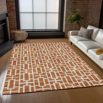 5' X 8' Terra Cotta And Beige Geometric Washable Indoor Outdoor Area Rug