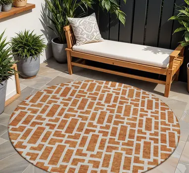 8' Terra Cotta And Beige Round Geometric Washable Indoor Outdoor Area Rug