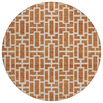8' Terra Cotta And Beige Round Geometric Washable Indoor Outdoor Area Rug