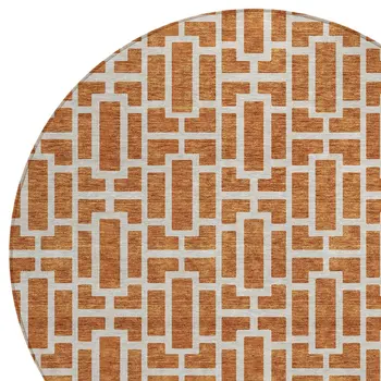 8' Terra Cotta And Beige Round Geometric Washable Indoor Outdoor Area Rug