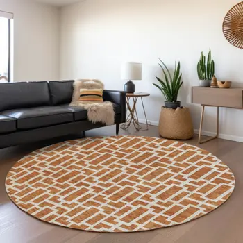 8' Terra Cotta And Beige Round Geometric Washable Indoor Outdoor Area Rug