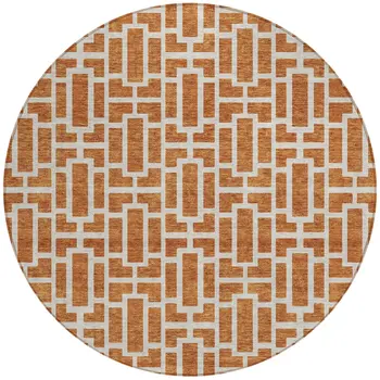 8' Terra Cotta And Beige Round Geometric Washable Indoor Outdoor Area Rug