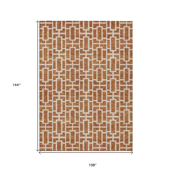 9' X 12' Terra Cotta And Beige Geometric Washable Indoor Outdoor Area Rug