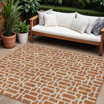 9' X 12' Terra Cotta And Beige Geometric Washable Indoor Outdoor Area Rug