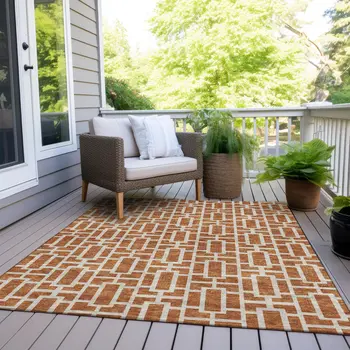 9' X 12' Terra Cotta And Beige Geometric Washable Indoor Outdoor Area Rug