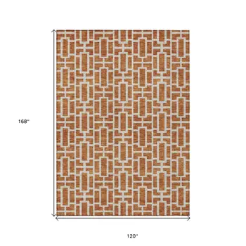 10' X 14' Terra Cotta And Beige Geometric Washable Indoor Outdoor Area Rug