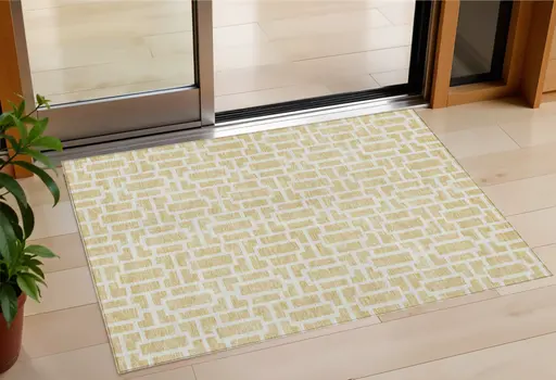 3' X 5' Wheat And Ivory Geometric Washable Indoor Outdoor Area Rug
