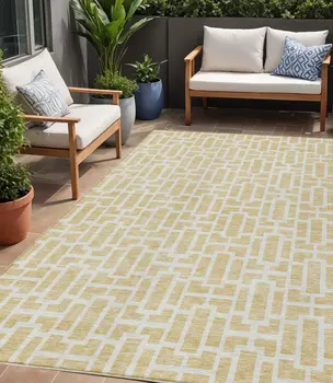 5' X 8' Wheat And Ivory Geometric Washable Indoor Outdoor Area Rug